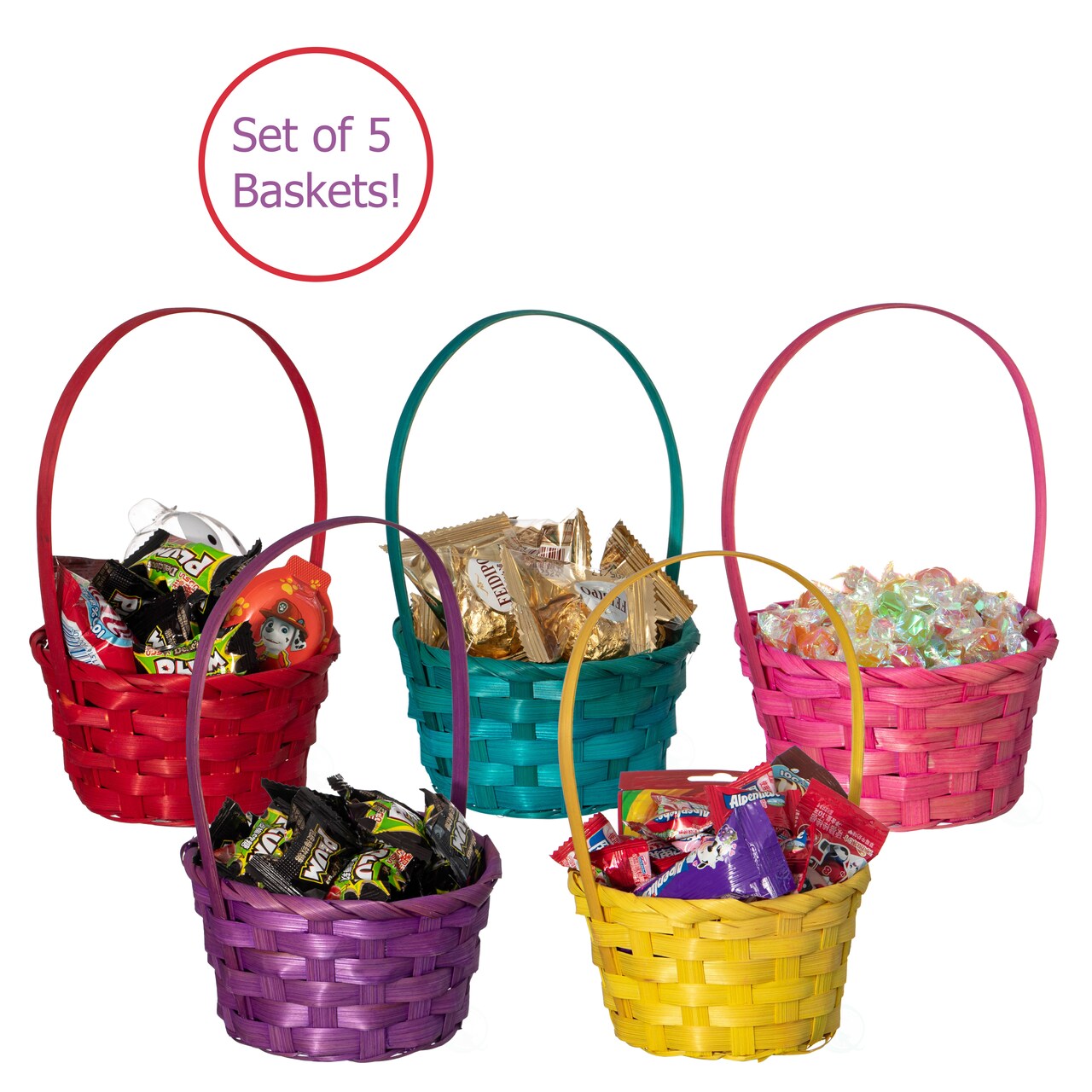 Wickerwise 5 Assorted Color Bamboo Wicker Round Baskets with Handles - Small Buckets for Easter Egg Hunts, Birthday Party Decorations, Gift Packing, Halloween Trick-or-Treating, and Candy Baskets